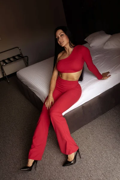 Fashion Young Woman Red Suit Posing Room — Stock Photo, Image