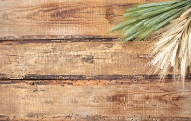 Eski ahşap arka planda buğday. Üst görünüm.