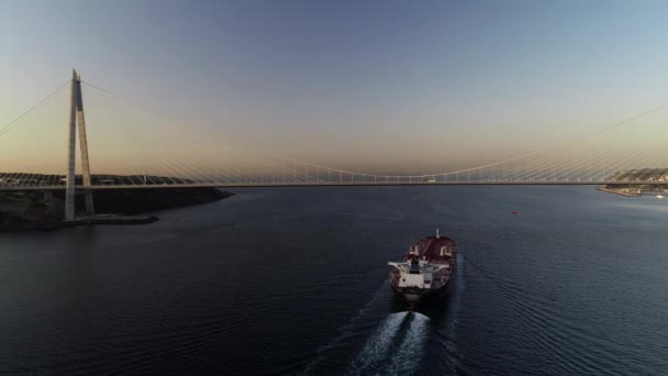 Luchtfoto van containerschip op de Bosporus — Stockvideo