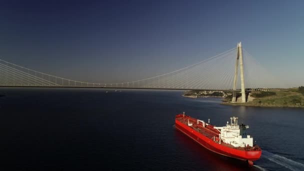 Luchtfoto van containerschip op de Bosporus — Stockvideo