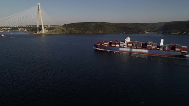 Widok z lotu ptaka kontenerowego statku w cieśninę Bosfor — Wideo stockowe