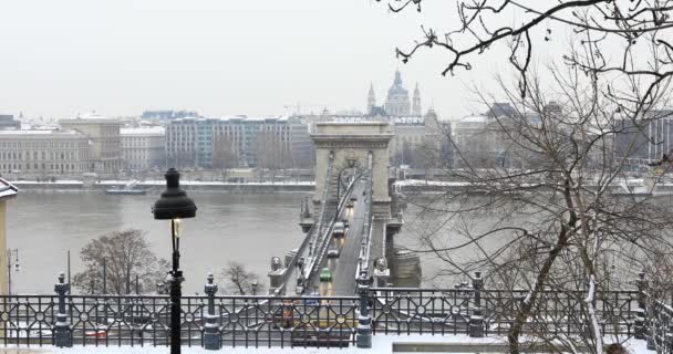 Chain Bridge over Danube river at winter in Budapest