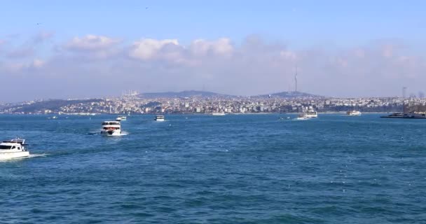 Yolcu gemileri ve teknelerle Boğaz manzarası — Stok video
