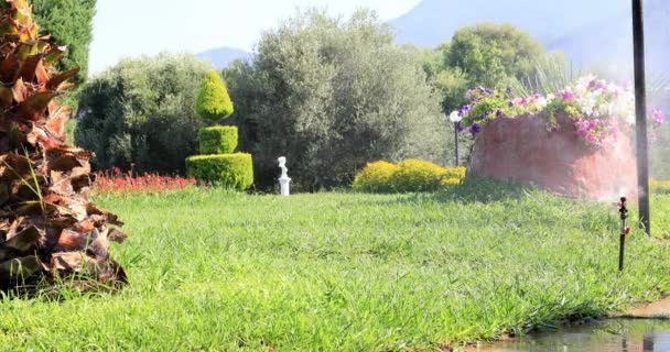 Arroseur Jardin Pendant Arrosage Pelouse Verte Par Une Journée Été — Video