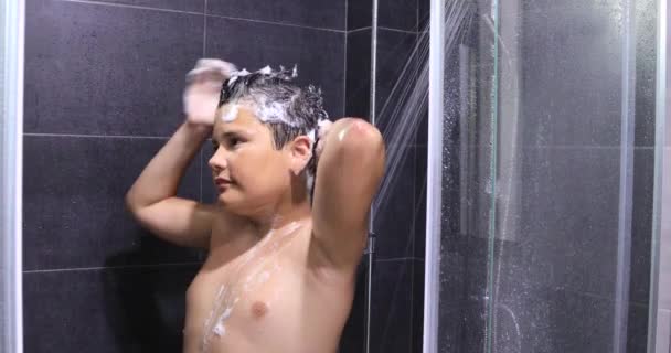 Portrait Happy Teen Boy Washing Head Shower Bathroom — Stock Video