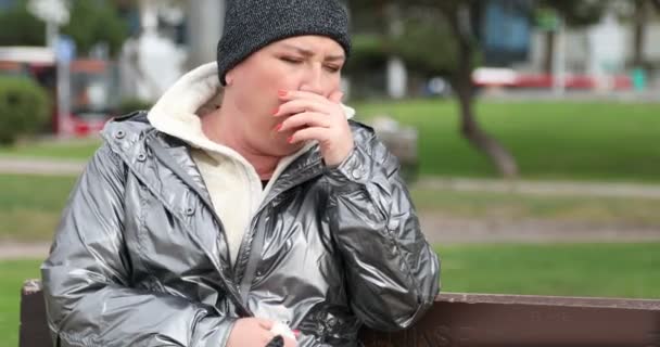 Middle Aged Woman Coughing Cold Day Wearing Warm Clothes Outdoor — Stock Video
