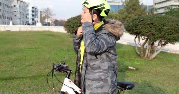 Caucasian Handsome Young Boy Wearing Helmet — Stock Video