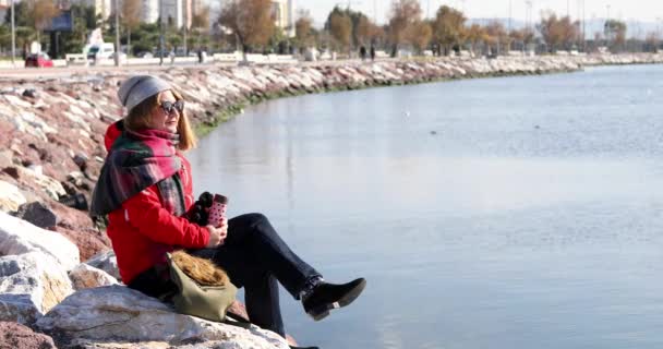 Femme Âge Moyen Avec Des Vêtements Hiver Assis Sur Ligne — Video