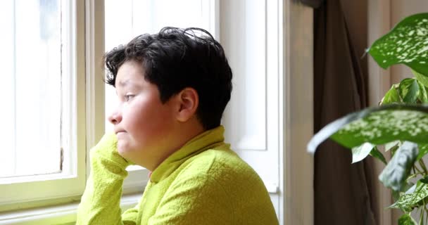 Retrato Niño Pequeño Con Ropa Invierno Sentado Junto Ventana Mirando — Vídeos de Stock