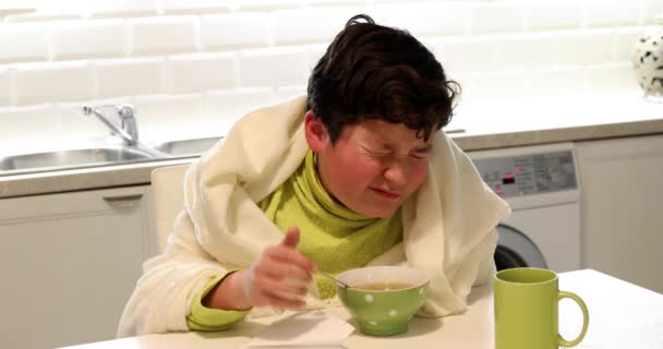 Portrait Sick Young Boy Flu Eating Hot Chicken Soup Kitchen — Stock Video