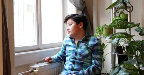 Portré Egy Boldogtalan Preteen Fiú Nézi Ablakot — Stock videók