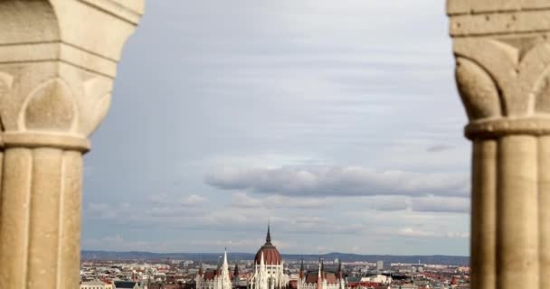 Budapest Ungern Januari 2019 Flyg Beskåda Byggnader Danube Flod Och — Stockvideo