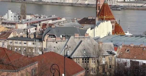 Budapest Ungern Januari 2019 Flyg Beskåda Byggnader Danube Flod Och — Stockvideo