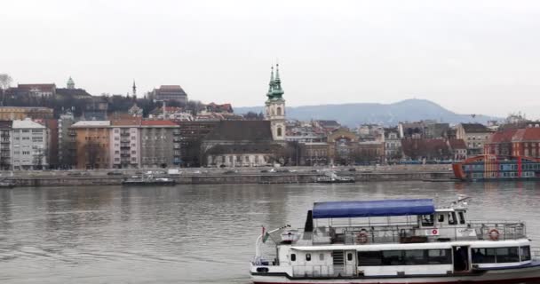 Budapešť Maďarsko Ledna 2019 Letecký Pohled Budovy Řeka Dunaj Most — Stock video