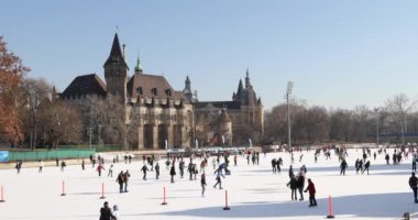 Budapeşte, Macaristan-17 Ocak 2019: Budapeşte Şehir Parkı 'nda Vajdahunyad Kalesi yakınında buz pateni pisti