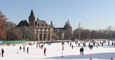 Budapeşte, Macaristan-17 Ocak 2019: Budapeşte Şehir Parkı 'nda Vajdahunyad Kalesi yakınında buz pateni pisti