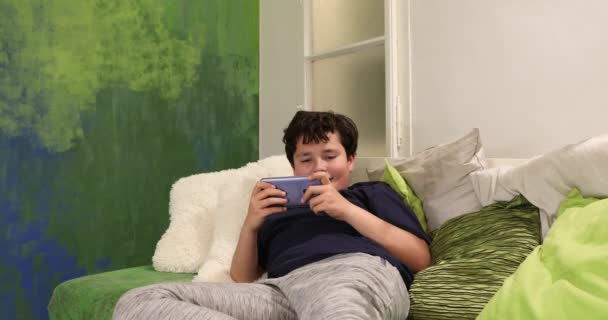 一个有智能手机的学龄前男孩的肖像坐在家里的沙发上 孩子们看着屏幕 玩游戏 互联网通信和人的概念 智能手机成瘾 — 图库视频影像