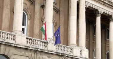 Budapeşte 7'de binaya el sallayan Macaristan bayrağı