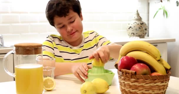 Πορτρέτο ενός εφήβου αγόρι που φτιάχνει λεμονάδα και χαμογελά στην κάμερα 2 — Αρχείο Βίντεο