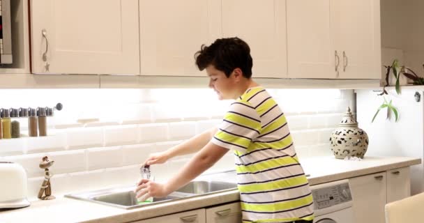 Evde Mutfak Musluk Bir Bardak Içen Bir Çocuğun Portresi — Stok video