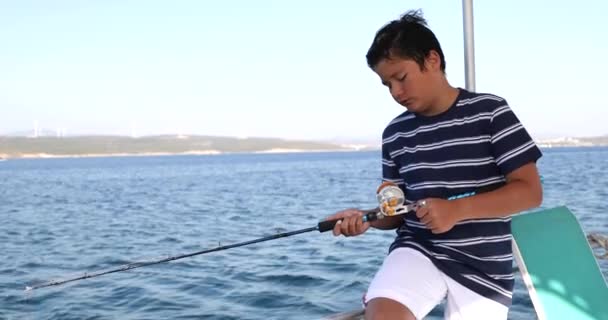 Portrait Handsome Burunette Young Boy Deck Fishing Rod Fishing Boat — Stock Video