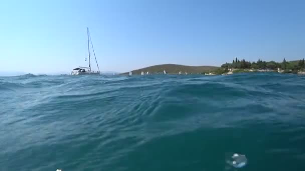 Вид на вітрильні човни оптимісти пливуть тренування в сонячний вітряний день — стокове відео