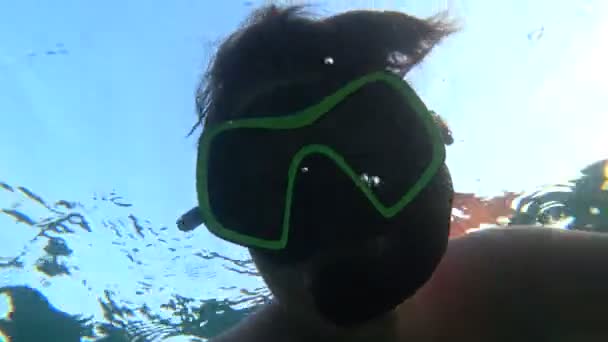 Lycklig ung pojke snorkling i havet på sommarlovet — Stockvideo