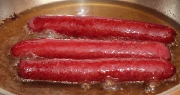 Salchichas fritas en una sartén 4 — Vídeos de Stock