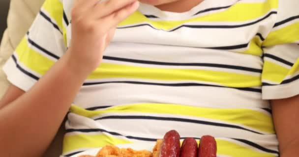 Portret Kaukaski Nastoletniego Chłopca Siedzącego Domu Jedzenia Niezdrowe Żywności — Wideo stockowe