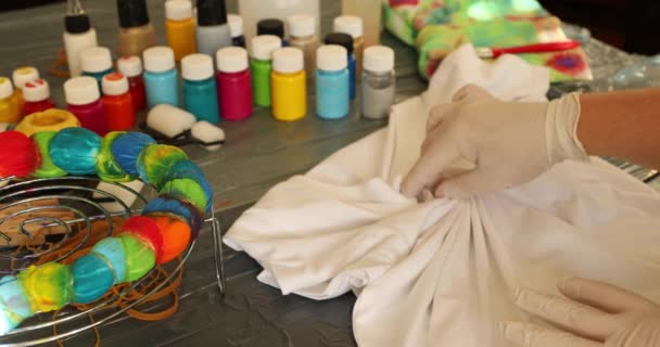 Woman Applying Tie Dye Technique Shirt — Stock Video