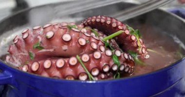 Limon ve maydanozla tencerede pişen büyük ahtapot.