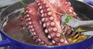 Limon ve maydanozla tencerede pişen büyük ahtapot.