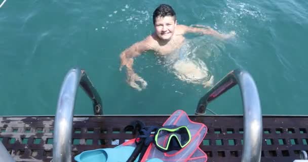 Portrait Happy Young Boy Jump Yacht Summer Vacation Cruise — Stock Video