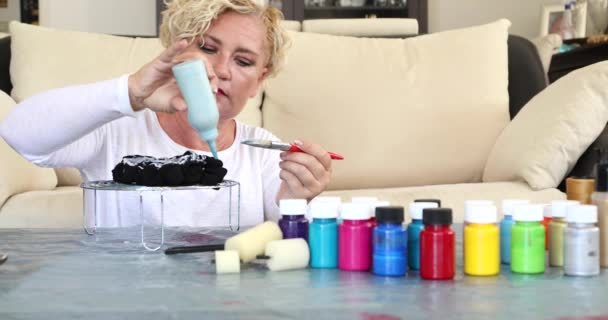 Mid Adult Woman Enjoying Create Textile Tie Dye Technique — Stock Video