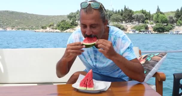 Portrait Happy Preteen School Child Boat Trip Eating Watermelon Sunny — Stock Video