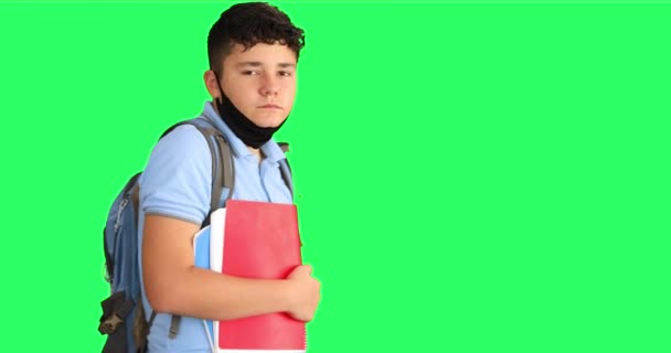 Upset Schoolchild Backpack Wearing Medical Mask Green Screen Background — Stock Video