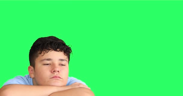 Pensive Young Boy Looking Camera Green Screen Background — Stock Video