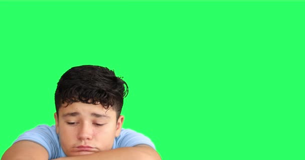 Pensive Young Boy Looking Camera Green Screen Background — Stock Video