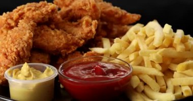 Lezzetli patates kızartması ve hardallı çıtır tavuk nugget ve siyah üzerine ketçap.