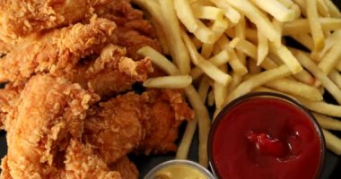 Lezzetli patates kızartması ve hardallı ve ketçaplı kızarmış tavuk nuggetları.