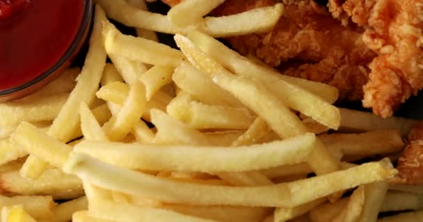 Macro View Tasty French Fries Crispy Chicken Nuggets Mustard Ketchup — Stock Video