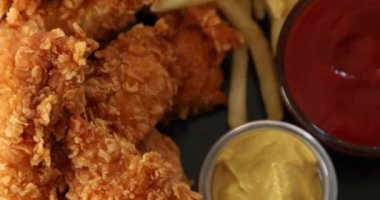 Lezzetli patates kızartması ve hardallı ve ketçaplı kızarmış tavuk nuggetları.