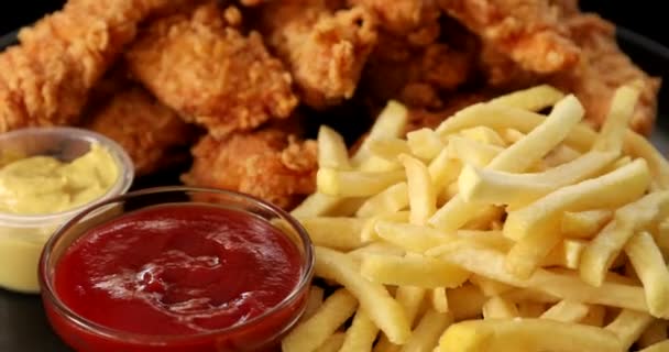 Macro View Tasty French Fries Crispy Chicken Nuggets Mustard Ketchup — Stock Video