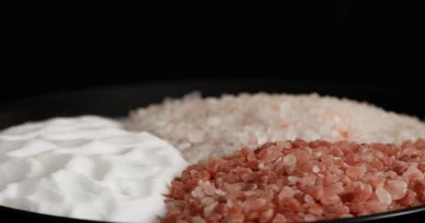 Nahaufnahme Einer Auswahl Von Salzen Vor Schwarzem Hintergrund — Stockvideo