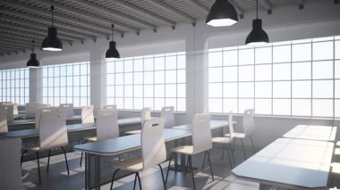 A slow pan across a modern, empty classroom with bright sunlight streaming through the large windows. Concept for education, university, and back-to-school themes. Ultra HD 4K 3840x2160 3D loopable animation.