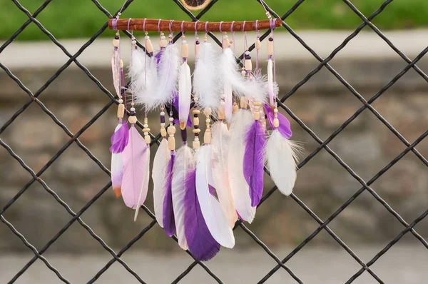 Closeup Modern Dreamcatcher Purple Feathers Outdoors — Stock Photo, Image