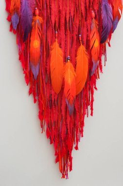 Kapanış detayları gri arka planda renkli tüyleri olan modern düş kapanı.