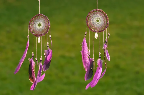 Closeup modern dreamcatcher with purple feathers outdoors