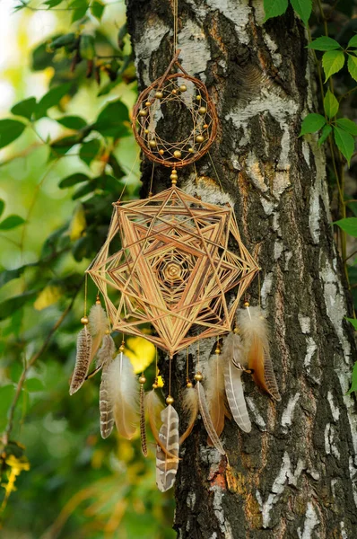 Mandala Dorata Fatta Mano Acchiappasogni Con Piume Nel Parco All — Foto Stock