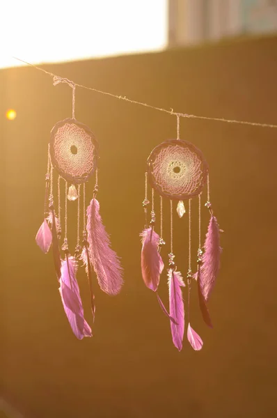 Крупный План Современного Ловца Снов Фиолетовыми Перьями Открытом Воздухе — стоковое фото